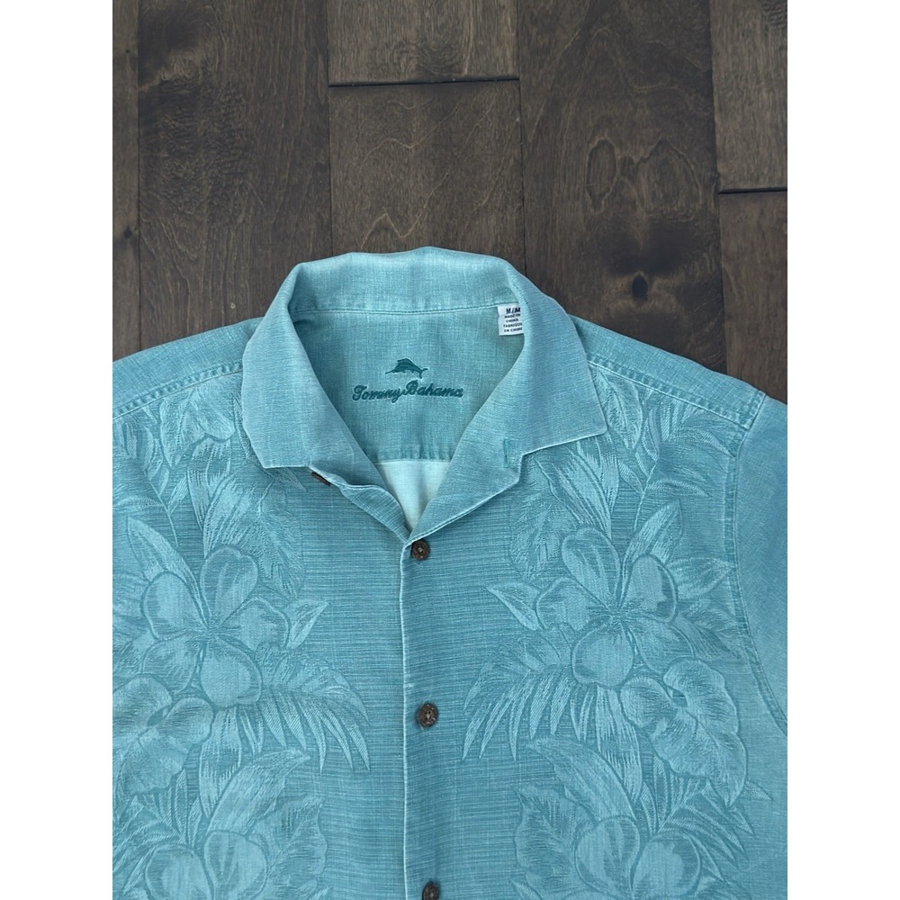 Tommy Bahama Mens Size M 100% Silk Green Blue Floral Shirt Hawaiian Button Down
